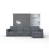 Schrankbett mit Sofa Klappbett - INVENTO Aufklappbett mit Ecksofa - 160 x 200 cm (Weiß/Grau Glanz) für Gästezimmer - Wohnzimmer - Schlafzimmer