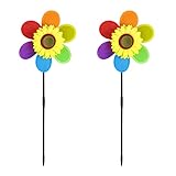 Relaxdays Windrad Blume, 2er Set, Deko Gartenstecker für Balkon, Terrasse & Garten, HBT 71 x 27 x 8 cm, Regenbogen, bunt