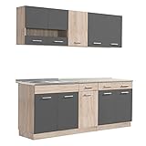 Homestyle4u 2357, Küche Küchenzeile Küchenblock Eiche Holz Grau Einbauküche Single Küchen Schränke 200 cm