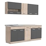 Homestyle4u 2357, Küche Küchenzeile Küchenblock Eiche Holz Grau Einbauküche Single Küchen Schränke 200 cm