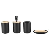 GAESHOW Badezimmer Zubehör Set, 4-teiliges Badezimmer Seifenspender Zahnputzbecher Seifenschale Bad Set Schwarz mit dekorativen Bambus/Holz Zubehör, Stilvolles Bathroom Accessories