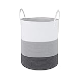 Wäschekorb Geflochten Faltbar Aufbewahrungskorb mit Griffen Wäschesammler aus Baumwollseil Laundry Basket Weiß und Grau 40x40x50cm