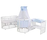 ComfortBaby SmartGrow 7 in 1 Weiss Komplett 12-teilig Set blau, Kinder-bett Set, Laufgitter, Beistellbett, Bettwäsche Set, Matratze, Wickeltisch, Stühle und Kindertisch