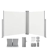 Seitenmarkise doppel ausziehbar | Markise 100-220x600cm HxB | Eckmarkise Blickdicht Sichtschutz & Windschutz für Garten Balkon & Terrasse, Seitenrollo mit Wandhalterung (180x600cm (HxB), Creme)