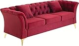 kevinplus 3-Sitzer Sofa Chesterfield 215x 78x 76 cm Extravagantes Samt Wein Design 3er Couch Stoffsofa mit golden Metall Beine, Armlehnen Loungesofa modern Schlafsofa für Wohnzimmer Büro Gästezimmer