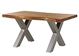 MASSIVMOEBEL24.DE | Freeform 5 Baumkantentisch aus Massivholz - Natur | 140x90 cm | Metallbeine X-Form Silber matt | aus Akazienholz | Esstisch echte Baumkante