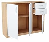 MATKAM Kommode 3D2S, B110 x H85 x T35 cm, Sideboard mit 2 Schubladen und 2 Fächer mit Türen, ideal für Büro, Diele, Wohnzimmer, Jugend- oder Kinderzimmer (Sonoma Eiche – Front in weiß)