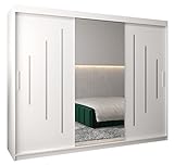 Kryspol Schwebetürenschrank York 1-250 cm mit Spiegel Kleiderschrank mit Kleiderstange und Einlegeboden Schlafzimmer- Wohnzimmerschrank Schiebetüren Modern Design (Weiß)