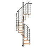 DOLLE Spindeltreppe Oslo │ Nebentreppe │Buche lackiert │ 11 Stufen / 12 Steigungen │ Geschosshöhe 252-276 cm │ Durchmesser 160 cm │ Unterkonstruktion Grau pulverbeschichtet │ Metallkonstruktion