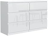 meble masztalerz Kommode Weiss Hochglanz mit 6 Schubladen 120 cm, Sideboard Wohnzimmer, Kommode Schlafzimmer H: 79 cm, B: 120,4 cm, T: 39 cm Kommode mit Schubladen, Schubladenschrank