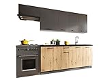 Mirjan24 Küche Lakard I 180/240 cm, Küchenblock/Küchenzeile, 7 Schrank-Module frei kombinierbar, Metallbox Schubladensystem, Arbeitsplatte im Set (Asche/Artisan + Graues Graphit + Schwarzer Stein)