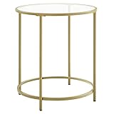 VASAGLE Beistelltisch rund, Kleiner Couchtisch, Glastisch mit Metallgestell, Nachttisch, Sofatisch, Balkon, Hartglas, goldfarben LGT20G