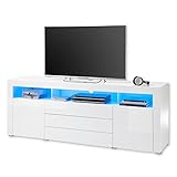GOAL TV-Lowboard in Weiß, Weiß Hochglanz mit blauer LED-Beleuchtung - TV Schrank mit viel Stauraum für Ihr Wohnzimmer - 200 x 74 x 44 cm (B/H/T)