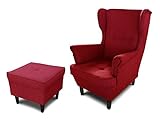 Ohrensessel Sessel King - Lounge Sessel mit Armlehnen - Retro Stuhl aus Stoff mit Holz Füßen - Polsterstuhl für Esszimmer & Wohnzimmer (Rot (Inari 60), mit Hocker)