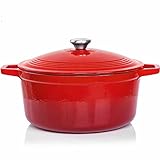 Gusseisentopf 6L Bräter Gusseisen Topf rot - Schmortopf |Bratentopf | Bratpfanne | Kochtopf| Schmor- oder Bratgerichte Eintopf, Brotbacken| Dutch Oven|Backofengeeignet| Emaille