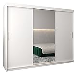 Kryspol Schwebetürenschrank Tokyo 1-250 cm mit Spiegel Kleiderschrank mit Kleiderstange und Einlegeboden Schlafzimmer- Wohnzimmerschrank Schiebetüren Modern Design (Weiß)