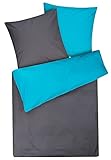 Moon Renforcé Uni Wendebettwäsche, Bettwäsche Set mit Reißverschluss aus 100% Baumwolle, ca. 135x200 / 80x80 cm (anthrazit/türkis)