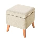 OKEZZI Quadratisch mit Deckel, Stauraum, Holz, multifunktional, Leinensitz, Wohnzimmer, Schlafzimmer, Fußhocker, Sofa, Hocker, Holzbank (Farbe: Beige) (Beige B)