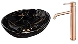 VBChome Waschbecken Schwarz Shiny + Armatur 41 x 35 x 15 cm Kleine Keramik Oval Waschtisch Handwaschbecken Aufsatzwaschbecken Waschschale Gäste WC