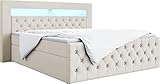 MKS MEBLE Boxspringbett - Doppelbett mit Multipocket-Matratze und Topper - Polsterbett mit Bettkasten - Stauraumbett - Gold 9 160x200 - H3 Creme