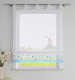 CORLIF Raffrollo mit Schlaufen Modern Raffgardine Küche Schlaufenrollo Leinenoptik mit Blumen Stickerei Transparente Rollo Landhaus Kurz Fenster Schal B/H 140/150 cm Blau #1