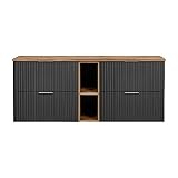 Lomadox Badezimmermöbel Waschtisch-Unterschrank 140cm matt schwarz mit Eiche Nb., gerilllte Front Waschbecken Badschrank mit 4 Softclose-Auszügen, B/H/T ca. 140,6/59,2/46,5 cm