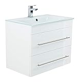 emotion | Waschbecken mit Unterschrank in Weiß Hochglanz | Made in Germany | B75 x H61,1 x T47 cm | Waschtischunterschrank mit Zwei Schubladen | Badmöbel für designvolle Badezimmer