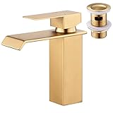 CREA Wasserhahn Bad Wasserfall, Waschtischarmatur Wasserfall für Badezimmer, Mischbatterie Bad mit Wasserfall Auslauf, Hochdruck Armatur Waschbecken, Modern Einhebelmischer Wascharmatur, Gold