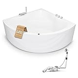 AQUADE Eckbadewanne 140x140 cm Komplettset inkl. Untergestell, Ab-Überlauf und Schürze, Extra stabile Badewanne Eckwanne mit Wannenrandarmatur und LED Model: Kassel