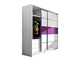 Furniture24 Kleiderschrank DUBAJ Schlafzimmer 2 Türiger Schwebetürenschrank Schrank mit Kleiderstange 6 Einlegeboden und 3 Schubkästen Weiß/Lila Glas