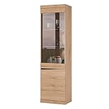 Lomadox Vitrine Standvitrine Vitrinenschrank Schrank 2 Türen rechts 1 mit Glaseinsatz Beleuchtung Glasböden in Eiche Nb. 54x196,5x40 cm (BxHxT)