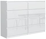 meble masztalerz Kommode Weiss Hochglanz mit 8 Schubladen 140 cm, Sideboard Wohnzimmer, Kommode Schlafzimmer H: 101,5 cm, B: 138,5 cm, T: 39 cm Kommode mit Schubladen, Schubladenschrank