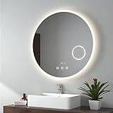 EMKE LED Badspiegel Rund Spiegel mit Beleuchtung ф80cm Acrylrahmen Badezimmerspiegel mit Touch, Anti-Fog, Uhr, Temperatur, Bluetooth, Kosmetikspiegel, Dimmbar, Memory-Funktion Spiegel Rund