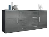 Vladon Sideboard Faro V2, Kommode mit 2 Türen und 4 Schubladen, Schwarz matt/Grau Hochglanz (166 x 72 x 35 cm)