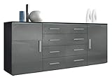 Vladon Sideboard Faro V2, Kommode mit 2 Türen und 4 Schubladen, Schwarz matt/Grau Hochglanz (166 x 72 x 35 cm)