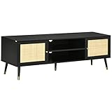 HOMCOM TV-Schrank, Fernsehschrank mit 2 Fächern, 2 Schränken, TV Board, TV Lowboard mit Kabelöffnung, Rattanoptik, Fernsehtisch für TV-Geräte bis zu 55', Schwarz 150 x 39 x 49 cm