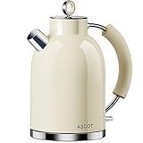 ASCOT Wasserkocher Edelstahl, Elektrischer Wasserkessel Geschenke für Männer/Frauen/Familie 1,6 liter Retro Kabelloser Teekocher Trockengehschutz, Automatische Abschaltung (Creme)