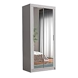 BETTSO -Kleiderschrank Schwebetürenschrank mit Spiegel, mit Kleiderstange 2 Regalen für Schlafzimmer,Kinderzimmer oder Wohnzimmer-Charlotte Mini 90 (Weiß+Weiß)