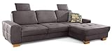 Cavadore Ecksofa Puccino mit Federkern, verstellbarer Rückenlehne und 2 Kopfstützen / Couch in L-Form im Landhausstil / 281 x 86 x 178 cm / Mikrofaser grau