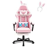 Soontrans Massage Gaming Sessel mit Fußstütze, Gamer Stuhl mit Kopfstütze & Massage-Lendenkissen & Haarreif, Gepolstert Gaming Chair, Gaming Stuhl für Gamer YouTube Livestreaming (Rosa)