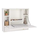 DREAMADE Wandschreibtisch Klappbar, Wandtisch aus Holz, Schreibtisch mit Schublade & 6 Fächern, Hängender Arbeitstisch Wandschrank mit Belastbarkeit max. 20kg (Weiß)