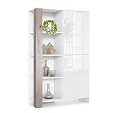 Vladon Highboard Canto, hoher Schrank mit 2 Türen und 8 Fächern, Korpus Weiß matt, Fronten Weiß Hochglanz, Dekor-Paneele Eiche Nordic (95 x 151,5 x 36 cm)