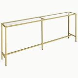 ALLOSWELL 180 cm Langer Goldener Konsolentisch, Sofatisch aus gehärtetem Glas, moderner Konsolentisch, einfache Montage, Stahlrahmen, geeignet für Wohnzimmer, Flur ACTJ18B01