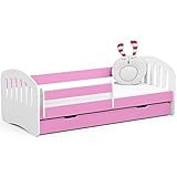 ADGO Play Set Kinderbett + Matratze 180x80x70 cm, Schublade und Barrieren, für Kinder, fürs Kinderzimmer, Bunt, Babybett, Jugendbett mit Rausfallschutz, Rahmen Lattenrost Kinderbetten (Rosa)