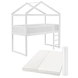 Juskys Kinder Hochbett Josy 90x200 cm - Hausbett mit Matratze, Dach, Leiter & Rausfallschutz - halbhohes Kinderbett - Holz Halbhochbett - Bett Weiß