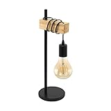 EGLO Tischlampe Townshend, 1 flammige Vintage Tischleuchte im Industrial Design, Retro Lampe, Nachttischlampe aus Stahl und Holz, Farbe: Schwarz, braun, Fassung: E27, inkl. Schalter