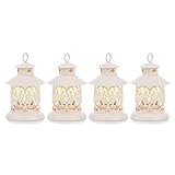 Romadedi Teelicht Laterne Weiß Deko - 4er Set Vintage Laterne Kerze Metall Klein mit Gravur für Kerzen, Tischdeko, Hochzeit, Weihnachten, Ramadan, Balkon, Garten, Outdoor