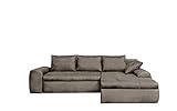 lifestyle4living Ecksofa mit Schlaffunktion und Bettkasten in Hell-Grau | Gemütliches Mikrofaser L-Sofa im Vintage-Look mit Stauraum inkl. 4 Rückenkissen