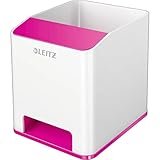 Leitz Sound Stifteköcher mit Soundverstärkungsfunktion, Stiftehalter inkl. Smartphone Fach mit Soundverstärkungsfunktion, Weiß/Pink, Duo Colour, WOW, 53631023