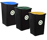 BigDean 3er Set Mülleimer 50L groß - schwarz mit farbigem Klappdeckel - 3-fach Mülltrennsystem für Mülltrennung & Recycling - Mülltonne Müllsortierer Abfalleimer